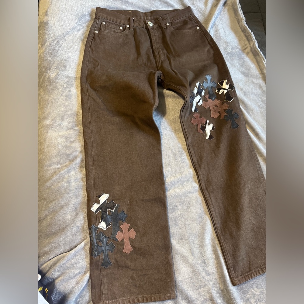 Runway Chrome Hearts piece Brown Relaxed Jeans with Cross Patches